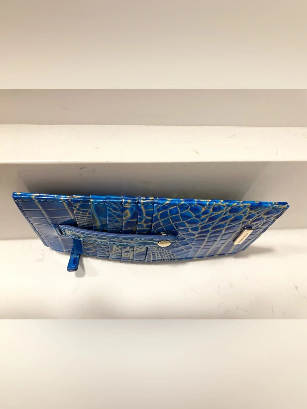 Brahmin Credit Card Wallet Blue Gold Croc Embossed Melbourne Leather Slim ID